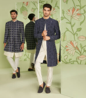 Navy Blue Indo Western Jacket Set with Jamdani Kurta