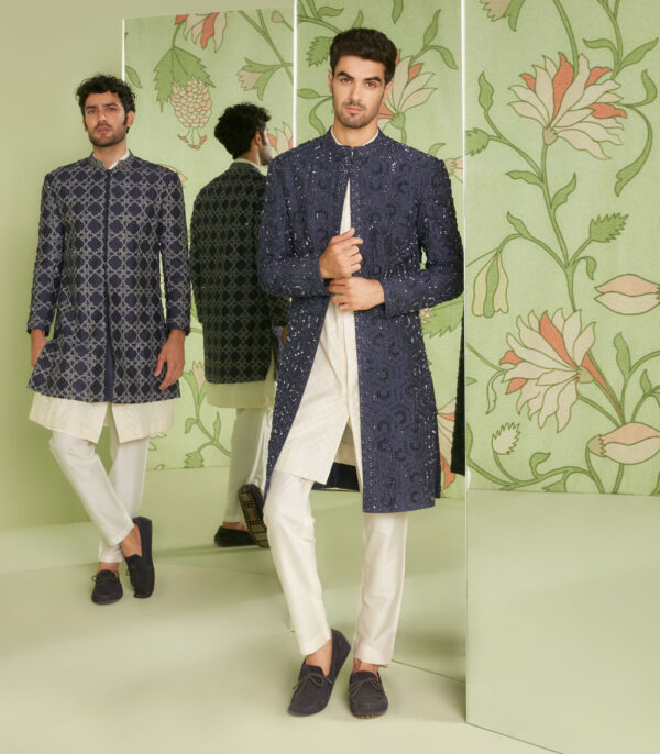 Navy Blue Indo Western Jacket Set with Jamdani Kurta