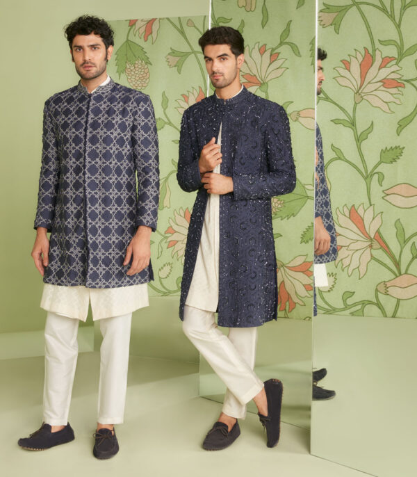 Navy Blue Indo Western Jacket Set with Jamdani Kurta - Image 2