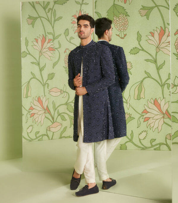 Navy Blue Indo Western Jacket Set with Jamdani Kurta - Image 2