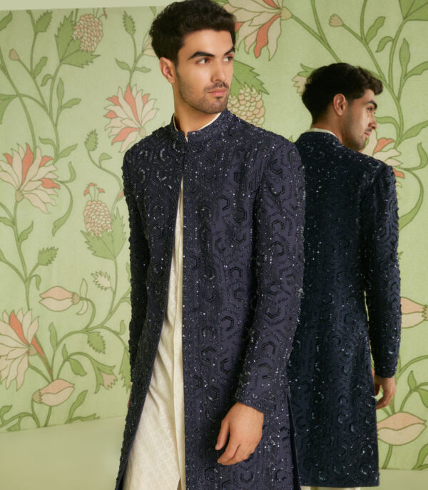 Navy Blue Indo Western Jacket Set with Jamdani Kurta - Image 3