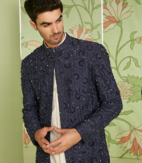 Navy Blue Indo Western Jacket Set with Jamdani Kurta - Image 4