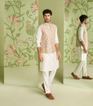 Ivory Applique Embroidery Bundi Kurta Set