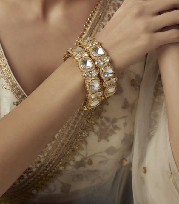 Gold Plated Womens Kundan, Polki Pair of Bangles - Image 2