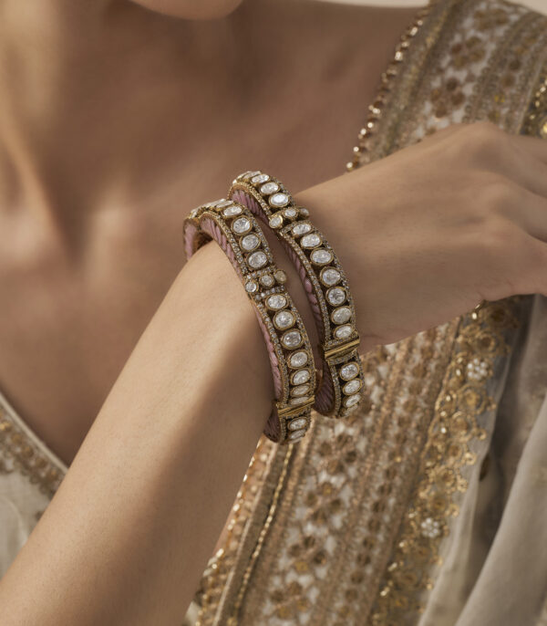 Pink Womens Kundan, Polki Pair of Bangles - Image 2