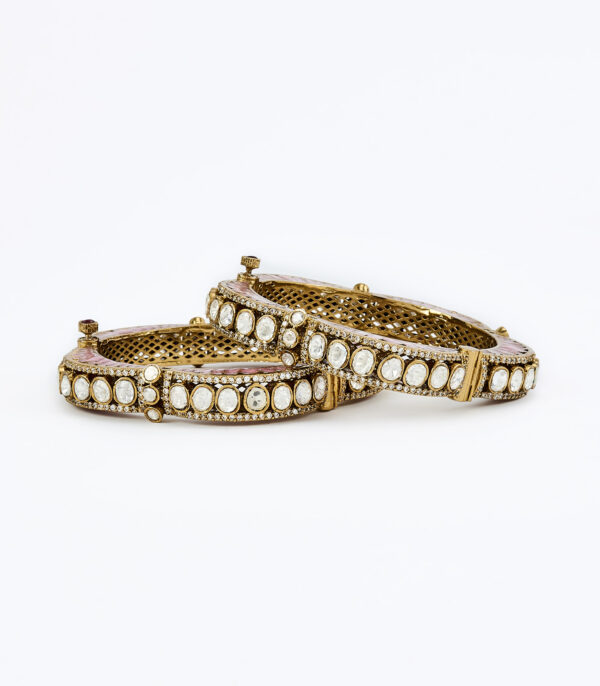 Pink Womens Kundan, Polki Pair of Bangles - Image 3