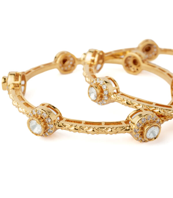 Gold Plated Womens Kundan, Polki Pair of Bangles - Image 3
