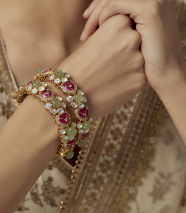 Multicolored Womens Kundan, Polki Pair of Bangles - Image 2
