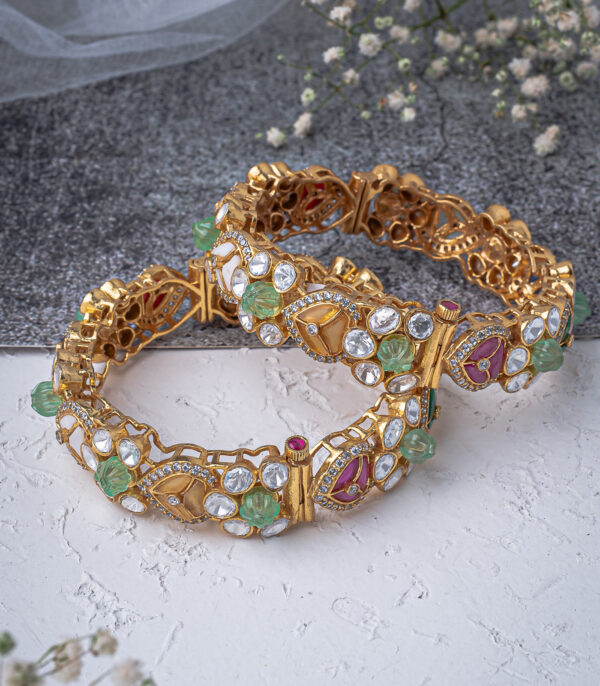 Multicolored Womens Kundan, Polki Pair of Bangles - Image 3