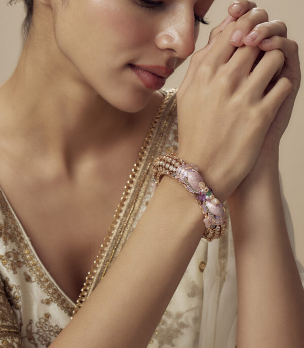 Gold Plated Pink Womens Kundan, Polki Kadas