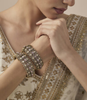 Gold Plated Pink Womens Kundan, Polki Pair of Bangles