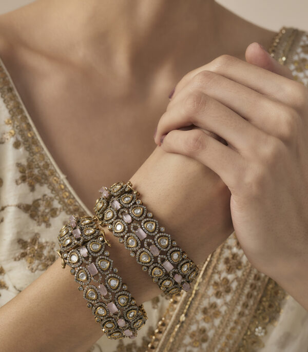 Gold Plated Pink Womens Kundan, Polki Pair of Bangles - Image 2