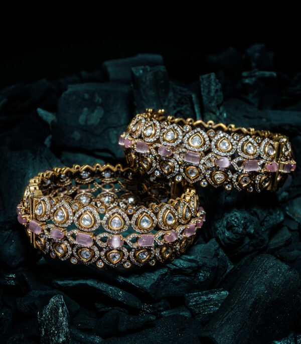 Gold Plated Pink Womens Kundan, Polki Pair of Bangles - Image 3