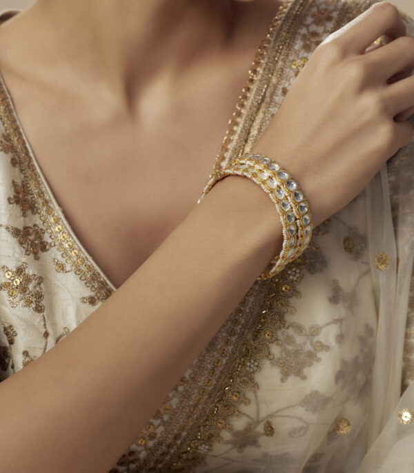 Gold Plated White Womens Kundan, Polki Pair of Bangles - Image 2