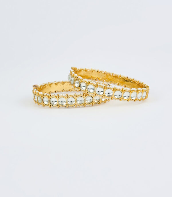 Gold Plated White Womens Kundan, Polki Pair of Bangles - Image 3