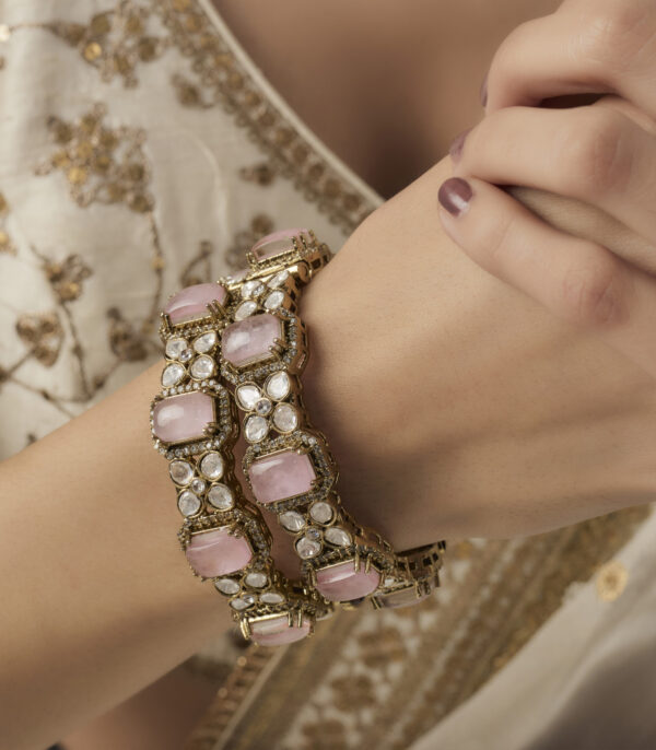 Gold Plated Pink Womens Zircon Pair of Bangles - Image 2