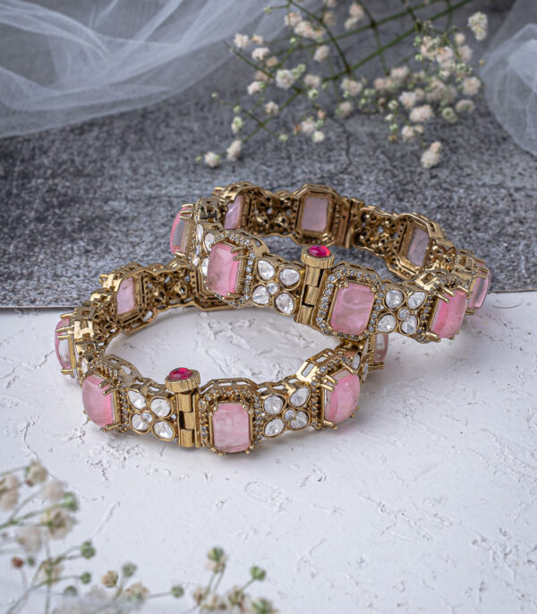 Gold Plated Pink Womens Zircon Pair of Bangles - Image 3