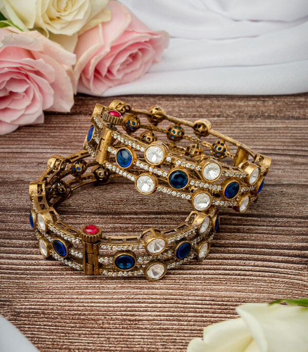 Gold Plated Blue Womens Kundan, Polki Pair of Bangles - Image 3