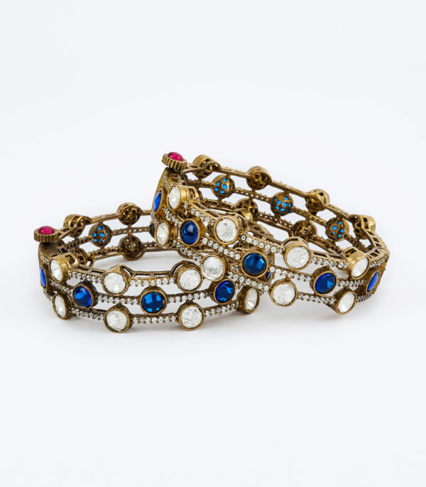 Gold Plated Blue Womens Kundan, Polki Pair of Bangles - Image 2
