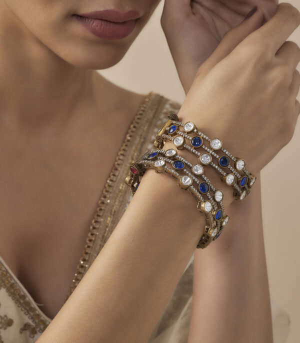 Gold Plated Blue Womens Kundan, Polki Pair of Bangles