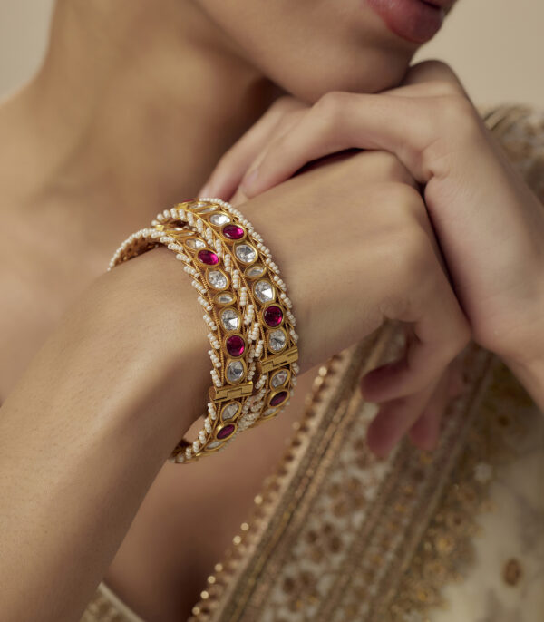 Pink Womens Kundan, Polki Pair of Bangles - Image 2