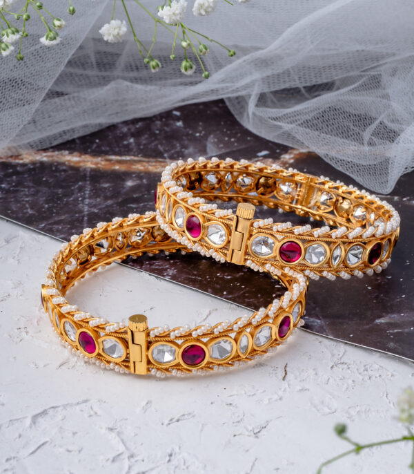 Pink Womens Kundan, Polki Pair of Bangles - Image 3
