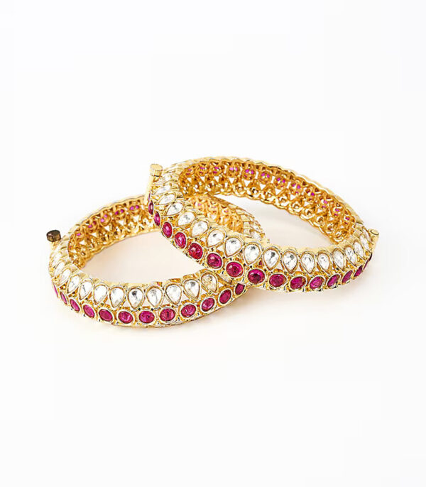 Pink Kundan, Polki Womens Pair of bangles - Image 3