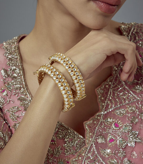 Gold Plated Kundan, Polki Womens Pair of bangles - Image 2