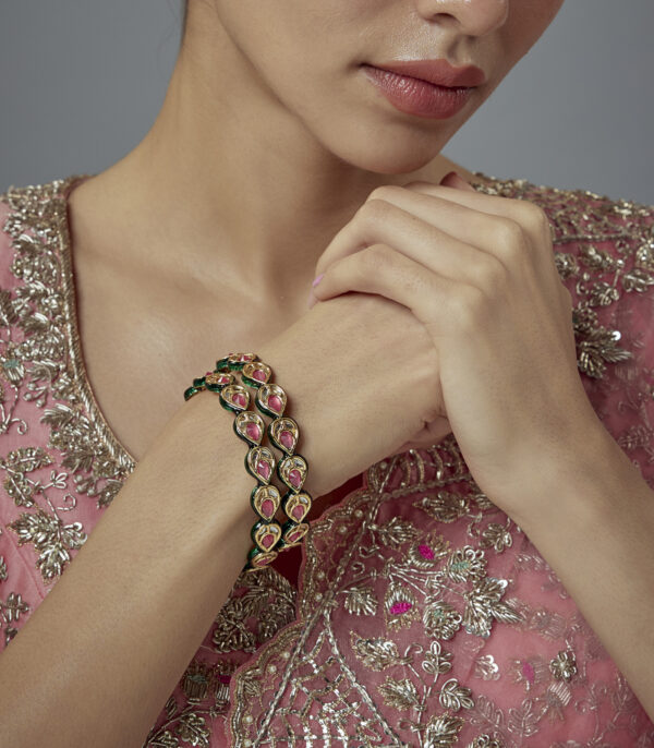 Gold Plated Red Kundan, Polki Womens Pair of bangles