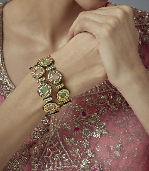 Gold Plated Multicolored Kundan, Polki Womens Pair of bangles - Image 2