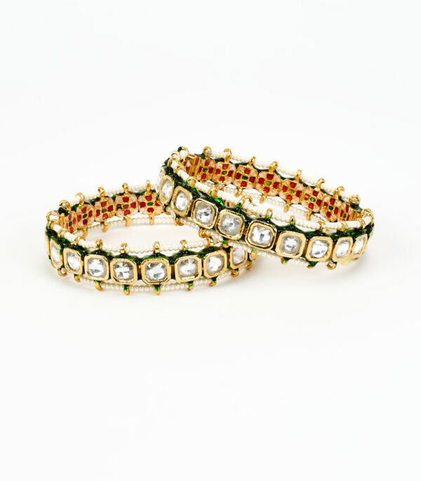 White Kundan, Polki Womens Pair of bangles - Image 3