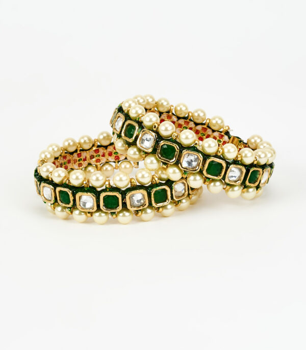 Green Kundan, Polki Womens Pair of bangles - Image 3