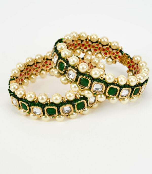 Green Kundan, Polki Womens Pair of bangles - Image 4