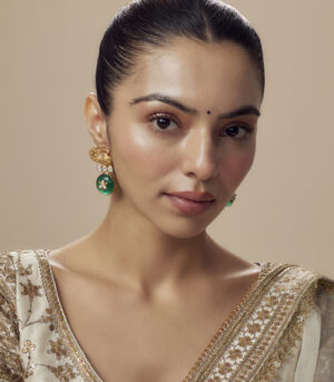 Green Womens Kundan, Polki Pair of Dangler Earrings