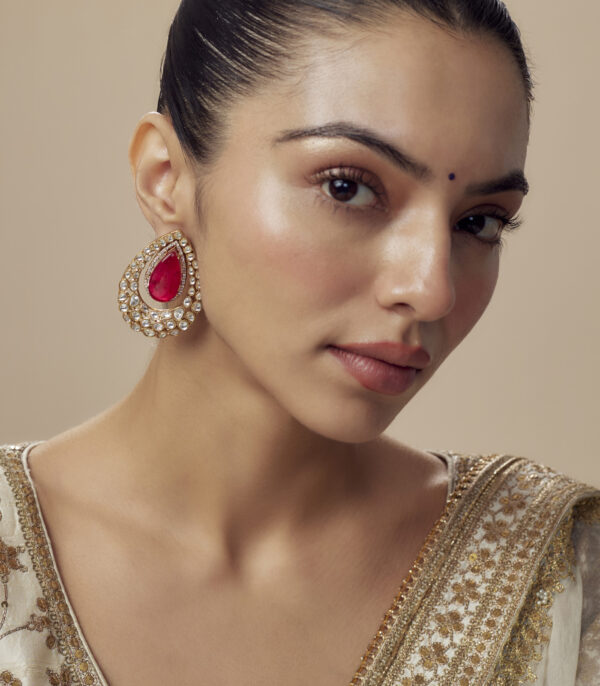 Red Womens Kundan, Polki Pair of Stud Earrings - Image 4