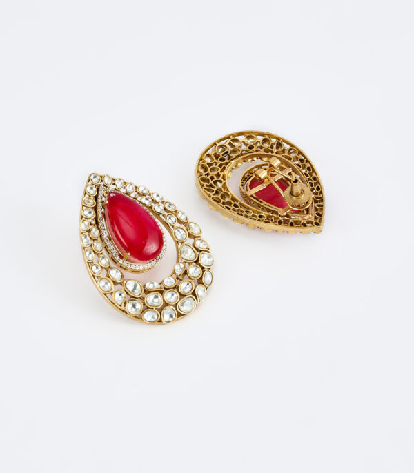 Red Womens Kundan, Polki Pair of Stud Earrings - Image 3