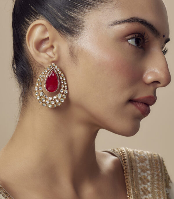Red Womens Kundan, Polki Pair of Stud Earrings - Image 2