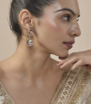 Pink Womens Kundan, Polki Pair of Dangler Earrings