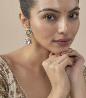 Gold Plated Green Womens Kundan, Polki Pair of Dangler Earrings