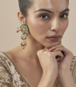 Multicolored Womens Kundan, Polki Pair of Dangler Earrings