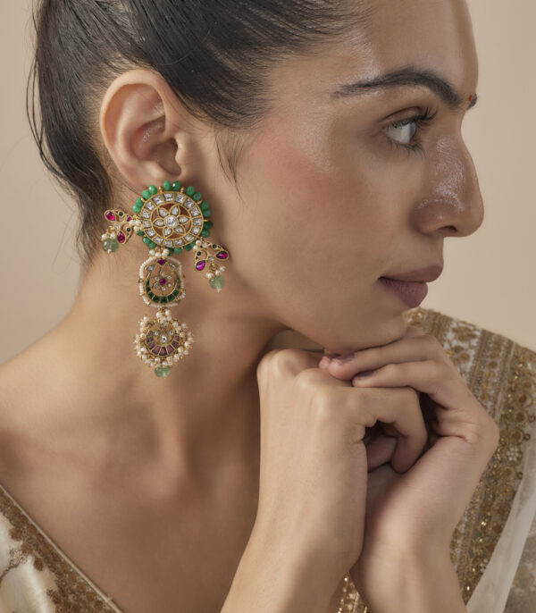 Multicolored Womens Kundan, Polki Pair of Dangler Earrings - Image 2