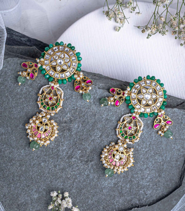 Multicolored Womens Kundan, Polki Pair of Dangler Earrings - Image 3