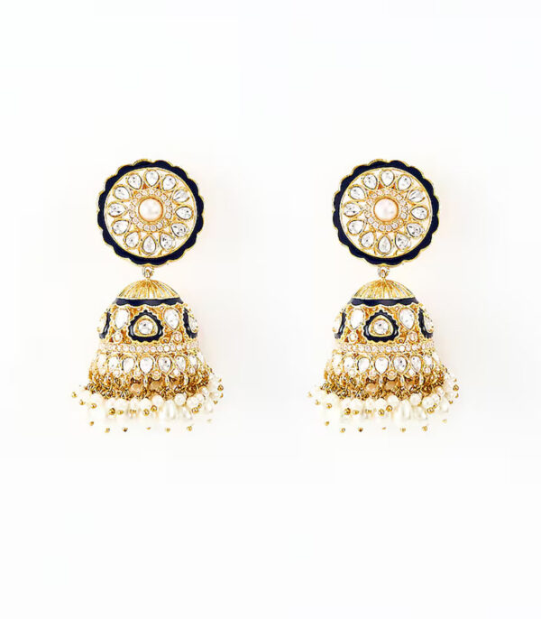Black Kundan, Polki Womens Pair of Jhumkas Earrings - Image 3
