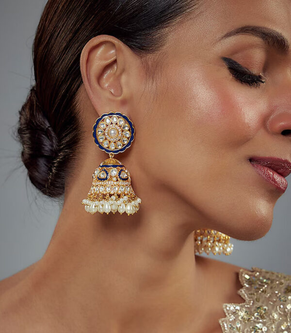 Black Kundan, Polki Womens Pair of Jhumkas Earrings - Image 2