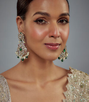 Gold Plated Green Kundan, Polki Womens Pair of Danglers Earrings
