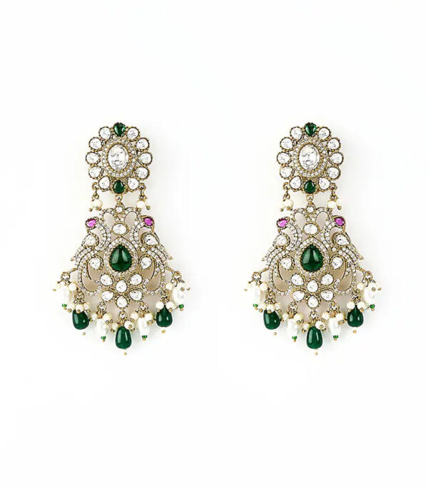 Gold Plated Green Kundan, Polki Womens Pair of Danglers Earrings - Image 3