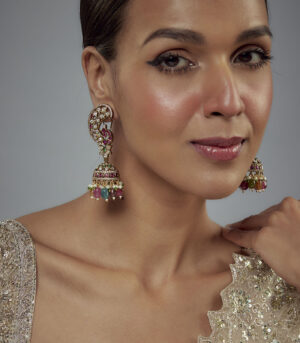 Multicolored Kundan, Polki Womens Pair of Jhumkas Earrings