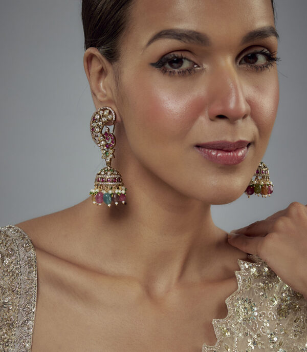 Multicolored Kundan, Polki Womens Pair of Jhumkas Earrings
