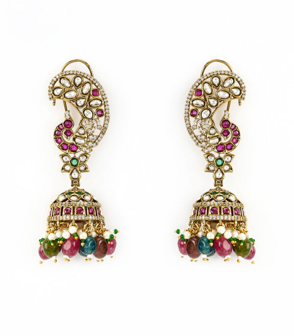 Multicolored Kundan, Polki Womens Pair of Jhumkas Earrings - Image 3