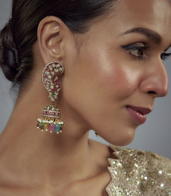 Multicolored Kundan, Polki Womens Pair of Jhumkas Earrings - Image 2